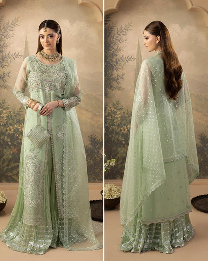 Embroidered Green Organza Sharara with Potli Bag Online in KSA Riyadh Saudi Arabia Oman Bahrain Qatar