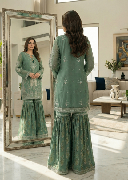 Embroidered Green Raw Silk Gharara Dress Online in Sri Lanka India Australia