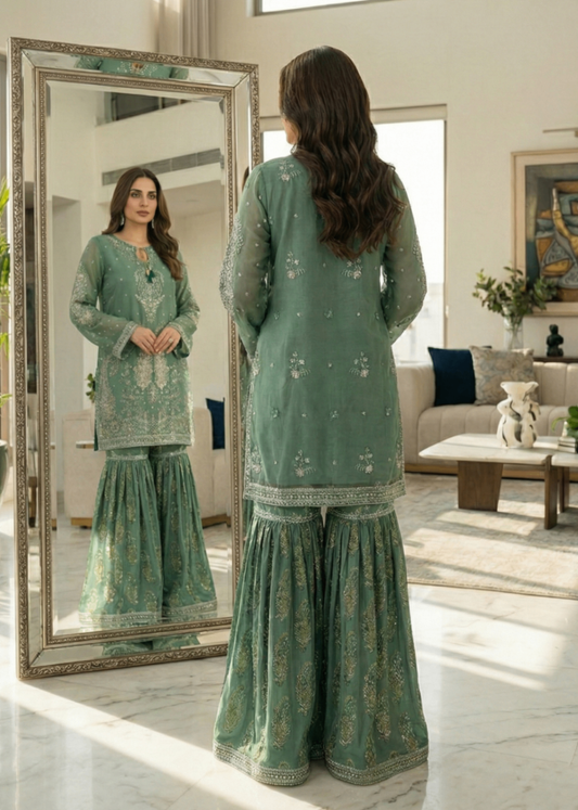 Embroidered Green Raw Silk Gharara Dress Online in Sri Lanka India Australia