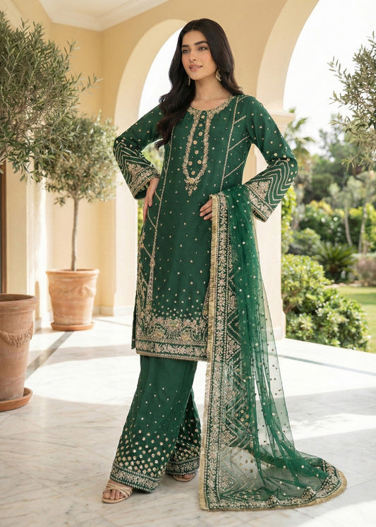 Embroidered Green Raw Silk Pakistani Designer Suit Online in KSA Riyadh Saudi Arabia Oman Bahrain Qatar