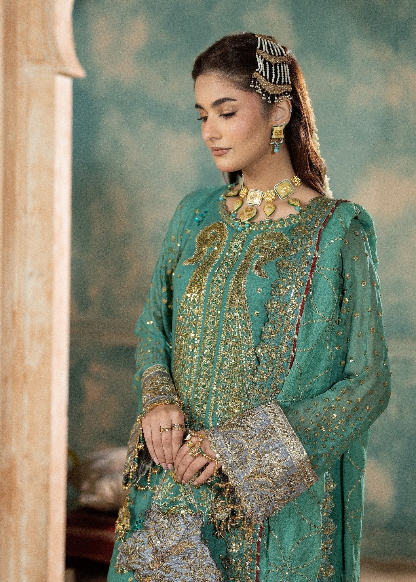 Embroidered Green Silk Sharara Dress Online in Dubai DXB UAE Abudhabi Meena Bazaar