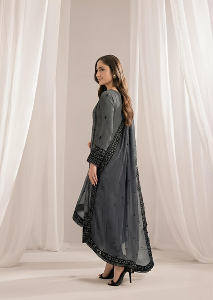 Embroidered Grey Bemberg Crinkle Chiffon Salwar Suit Online in KSA Riyadh Saudi Arabia Oman Bahrain Qatar