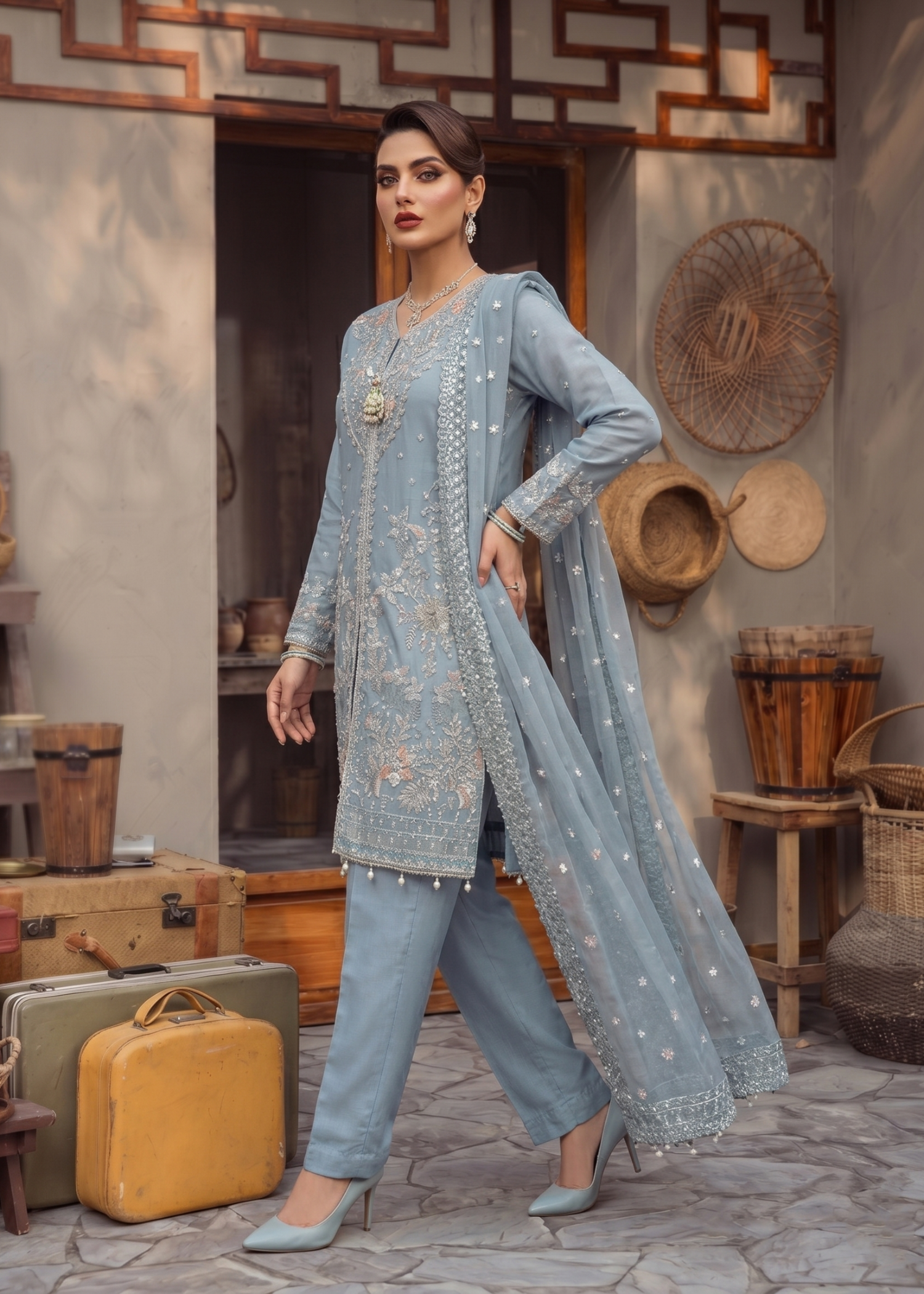 Embroidered Grey Blue Organza Partywear Salwar Kameez Online in Sri Lanka India Australia