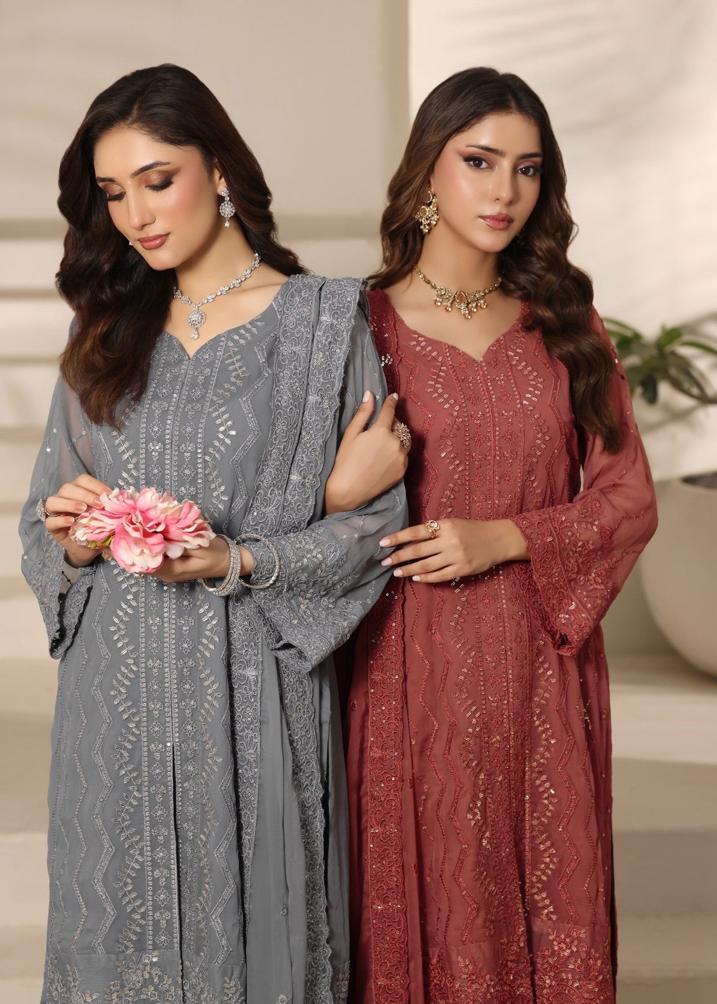 Embroidered Grey Chiffon Kurta with Trouser Online in UK USA Canada