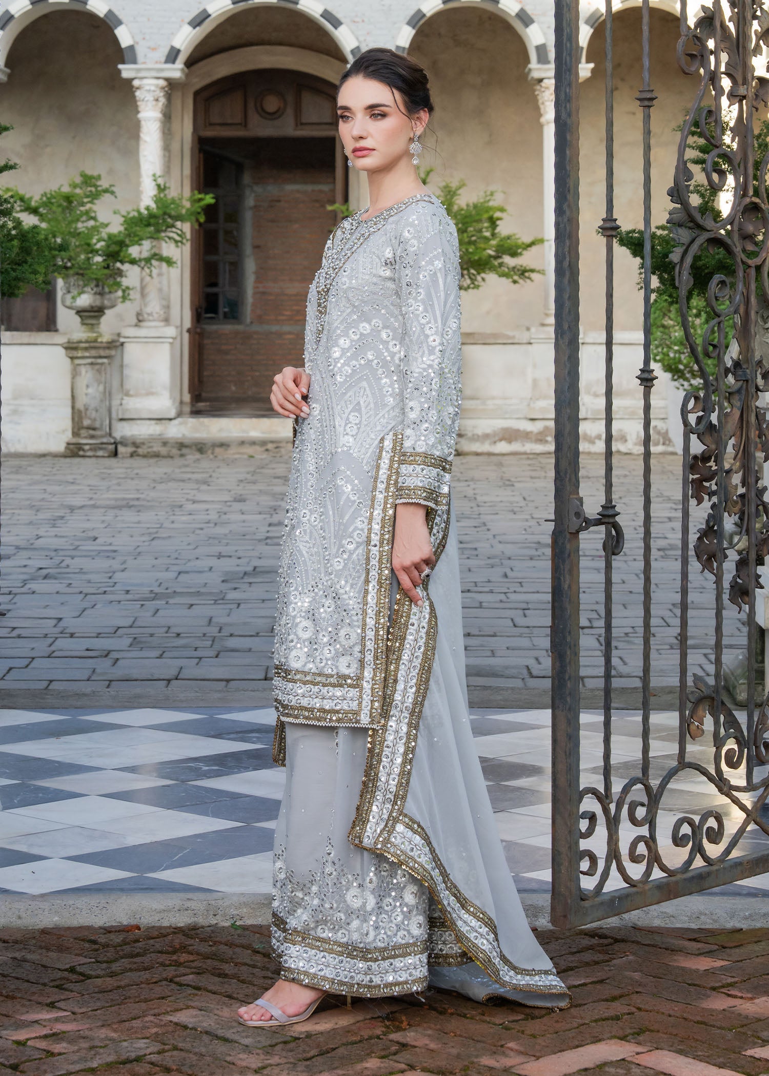 Embroidered Grey Chiffon Ladies Suit Online in UK USA Canada