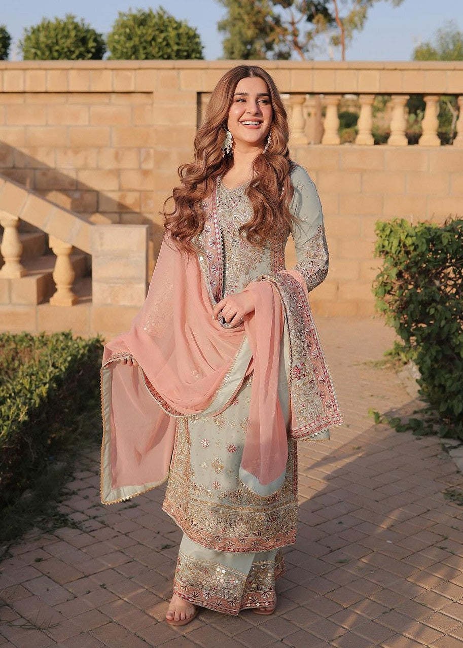 Embroidered Grey Chiffon Salwar Kameez Online in KSA Riyadh Saudi Arabia Oman Bahrain Qatar