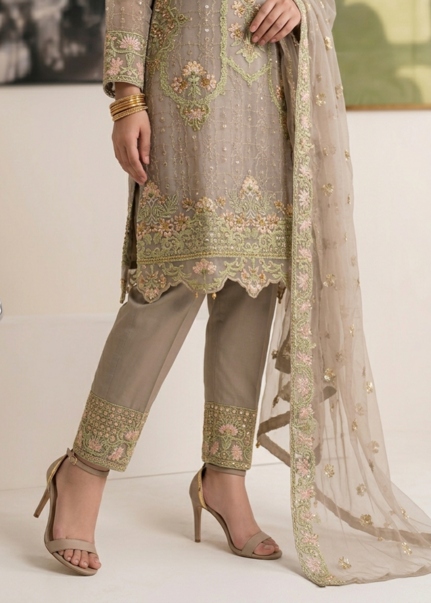Embroidered Grey Organza Ladies Suit Online in Dubai UAE Abudhabi Ajman Sharjah