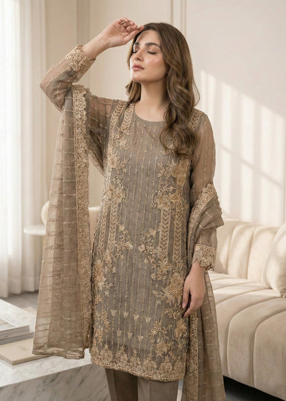 Embroidered Grey Organza Ladies Suit Online in UK USA Canada