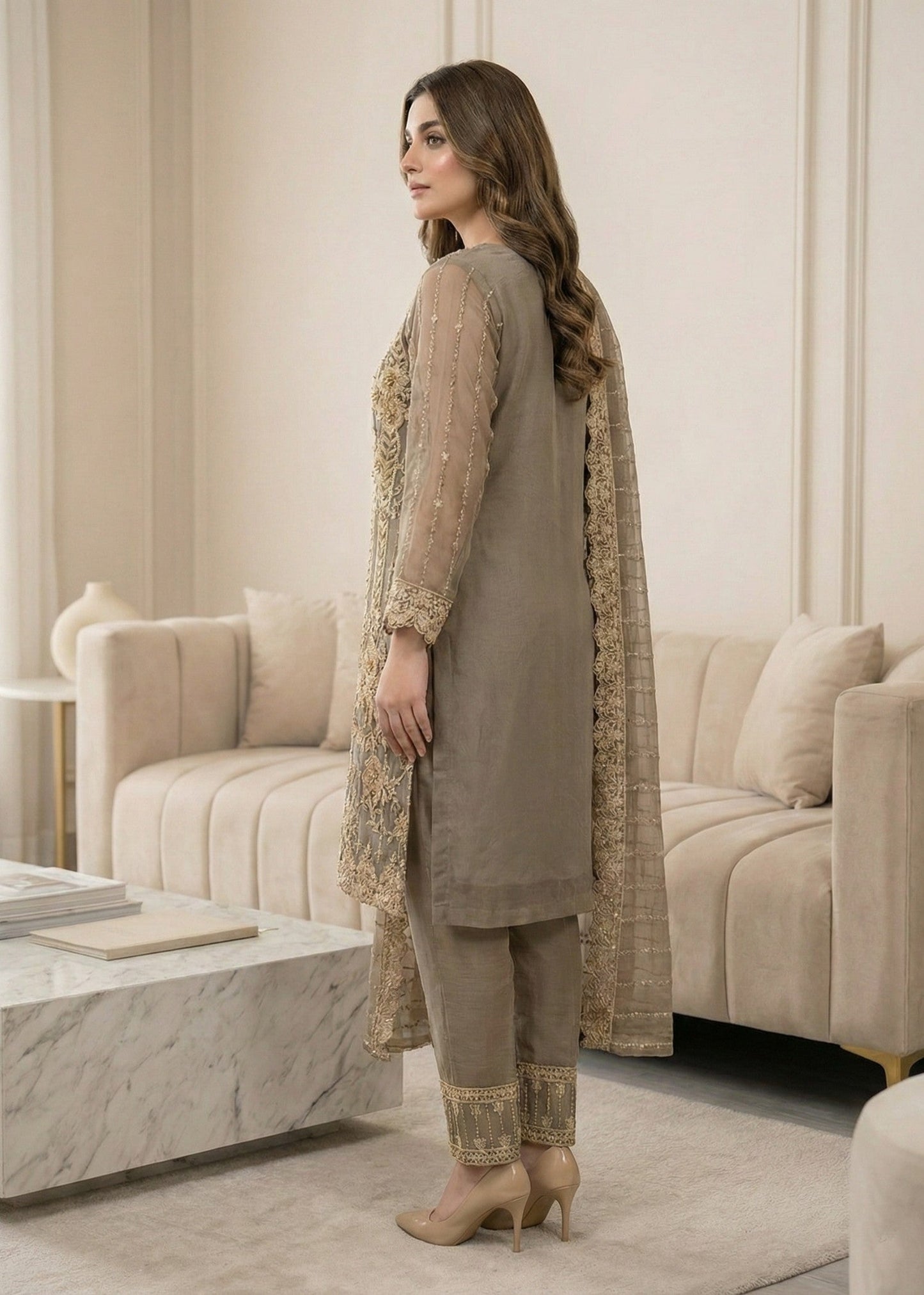 Embroidered Grey Organza Pakistani Suit Online in KSA Riyadh Saudi Arabia Oman Bahrain Qatar