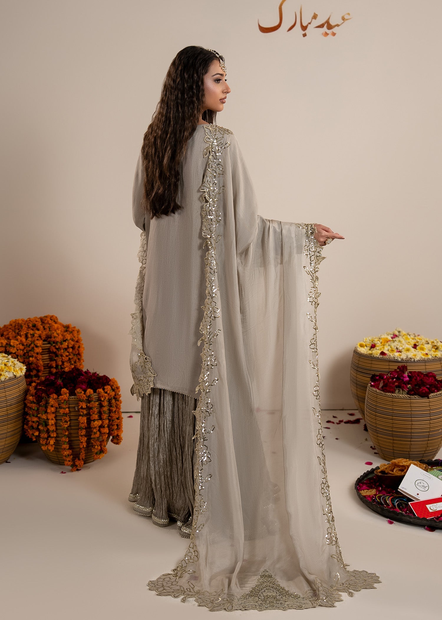 Embroidered Grey Silk Organza Dupatta Sharara Online in KSA Riyadh Saudi Arabia Oman Bahrain Qatar