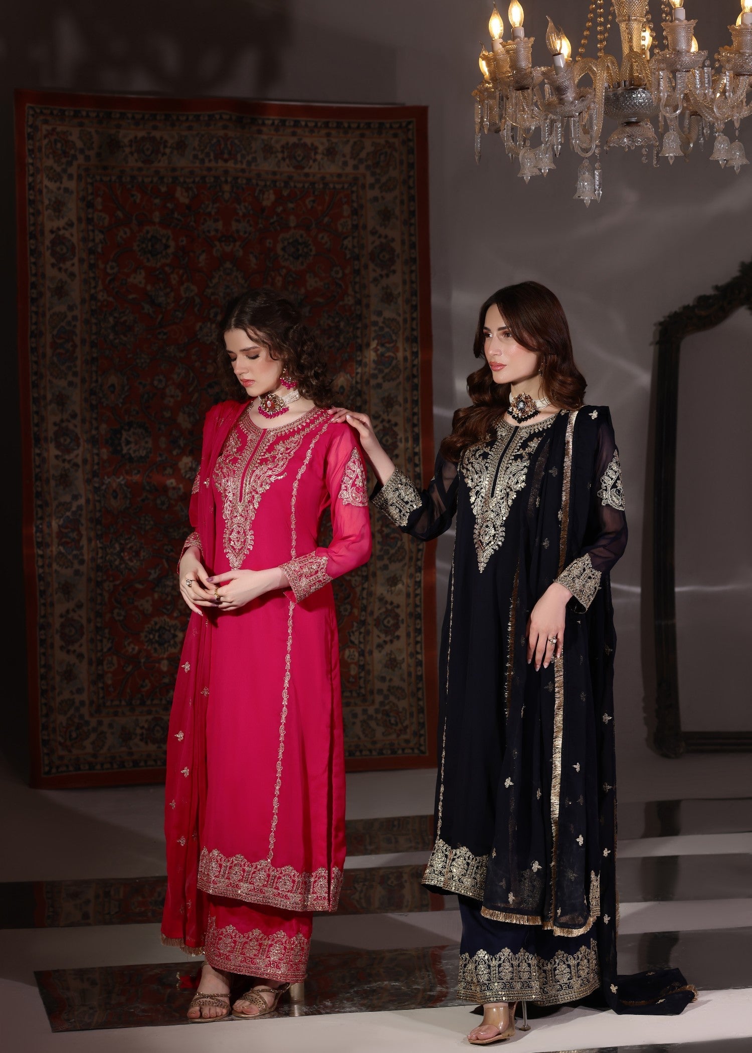Embroidered Hot Pink Chiffon 3 Piece Suit Online in Dubai DXB UAE Abudhabi Meena Bazaar