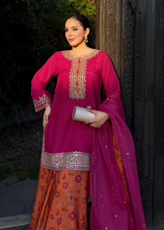 Embroidered Hot Pink Raw Silk Salwar Kameez Online in KSA Riyadh Saudi Arabia Oman Bahrain Qatar