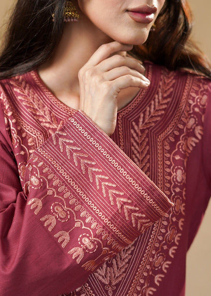 Embroidered Hot Pink Slub Khaddar Kurta Set Online in KSA Riyadh Saudi Arabia Oman Bahrain Qatar