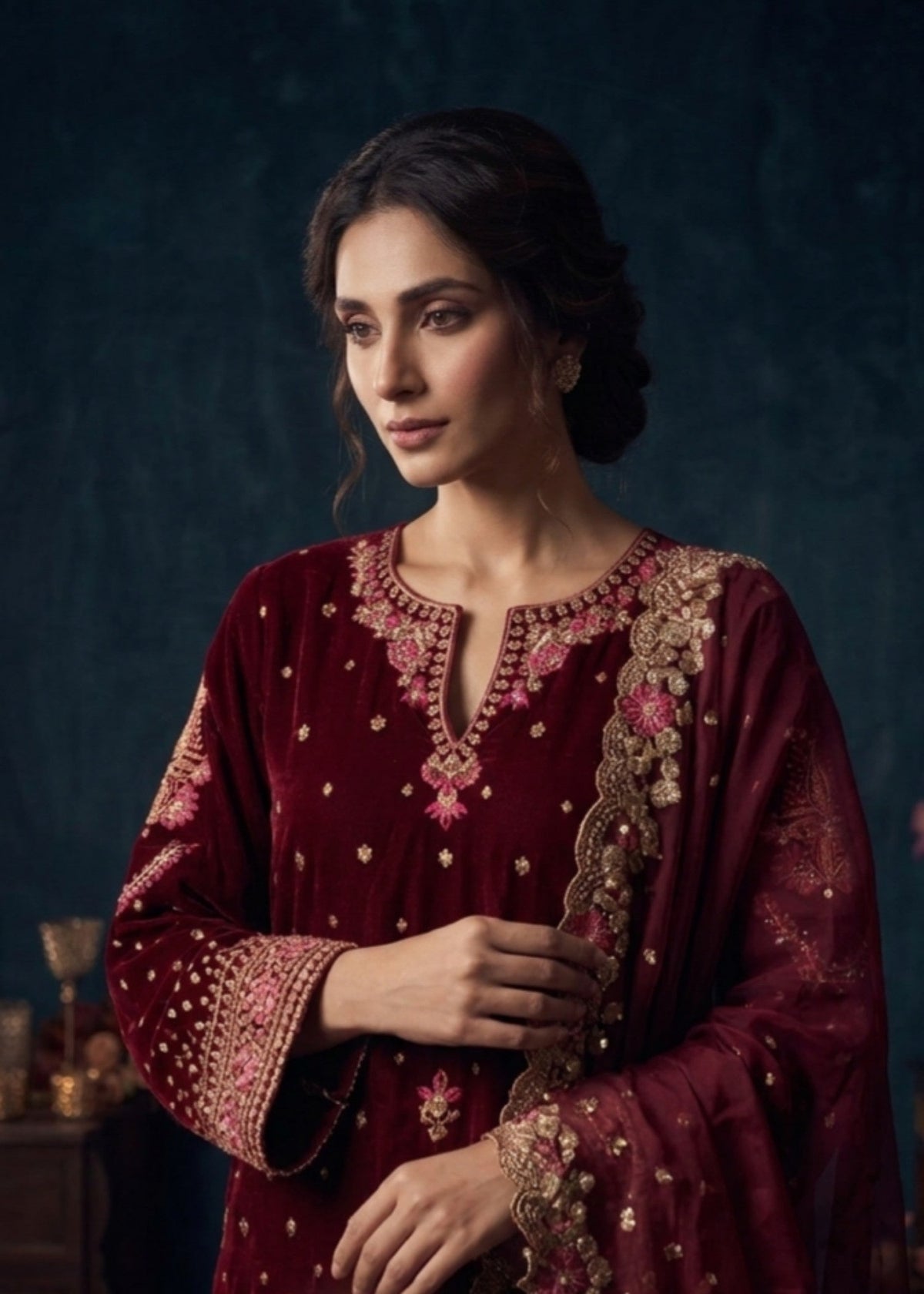 Embroidered Hot Pink Velvet Salwar Kameez Online in KSA Riyadh Saudi Arabia Oman Bahrain Qatar
