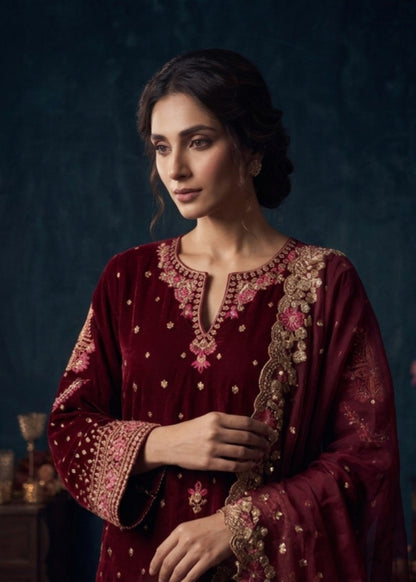 Embroidered Hot Pink Velvet Salwar Kameez Online in KSA Riyadh Saudi Arabia Oman Bahrain Qatar
