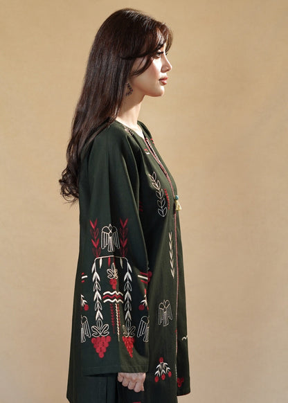 Embroidered Hunter Green Slub Khaddar Kurta Set Online in KSA Riyadh Saudi Arabia Oman Bahrain Qatar