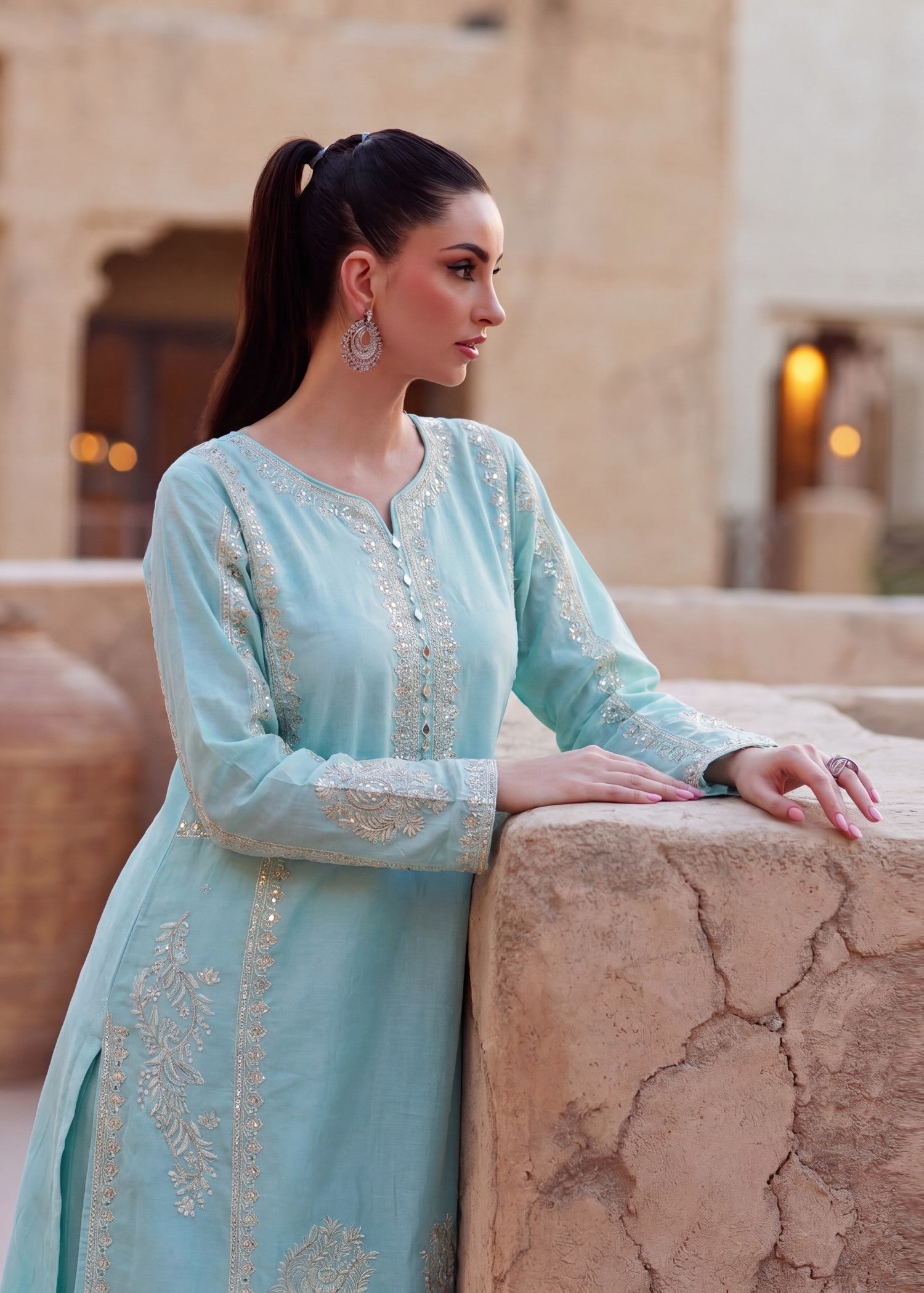 Embroidered Ice Blue Lawn Kurta Pajama Online in Dubai DXB UAE Abudhabi Meena Bazaar