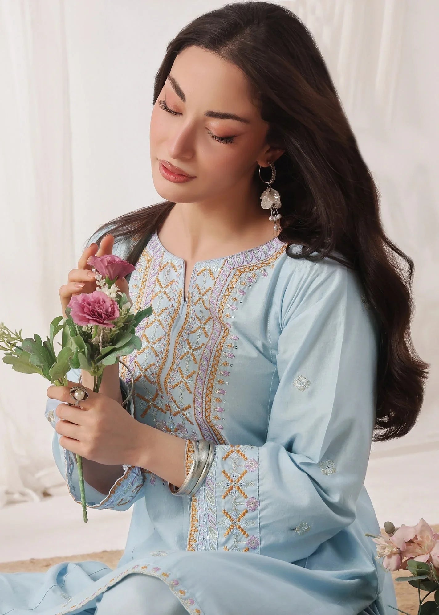 Embroidered Ice Blue Lawn Kurta Set for Women Online in UK USA Canada