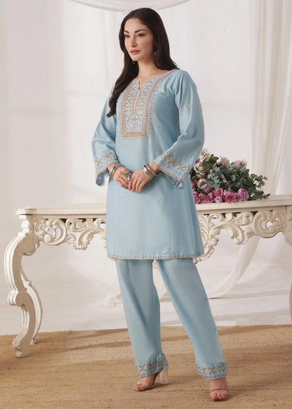 Embroidered Ice Blue Lawn Kurta Set Online in Sri Lanka India Australia