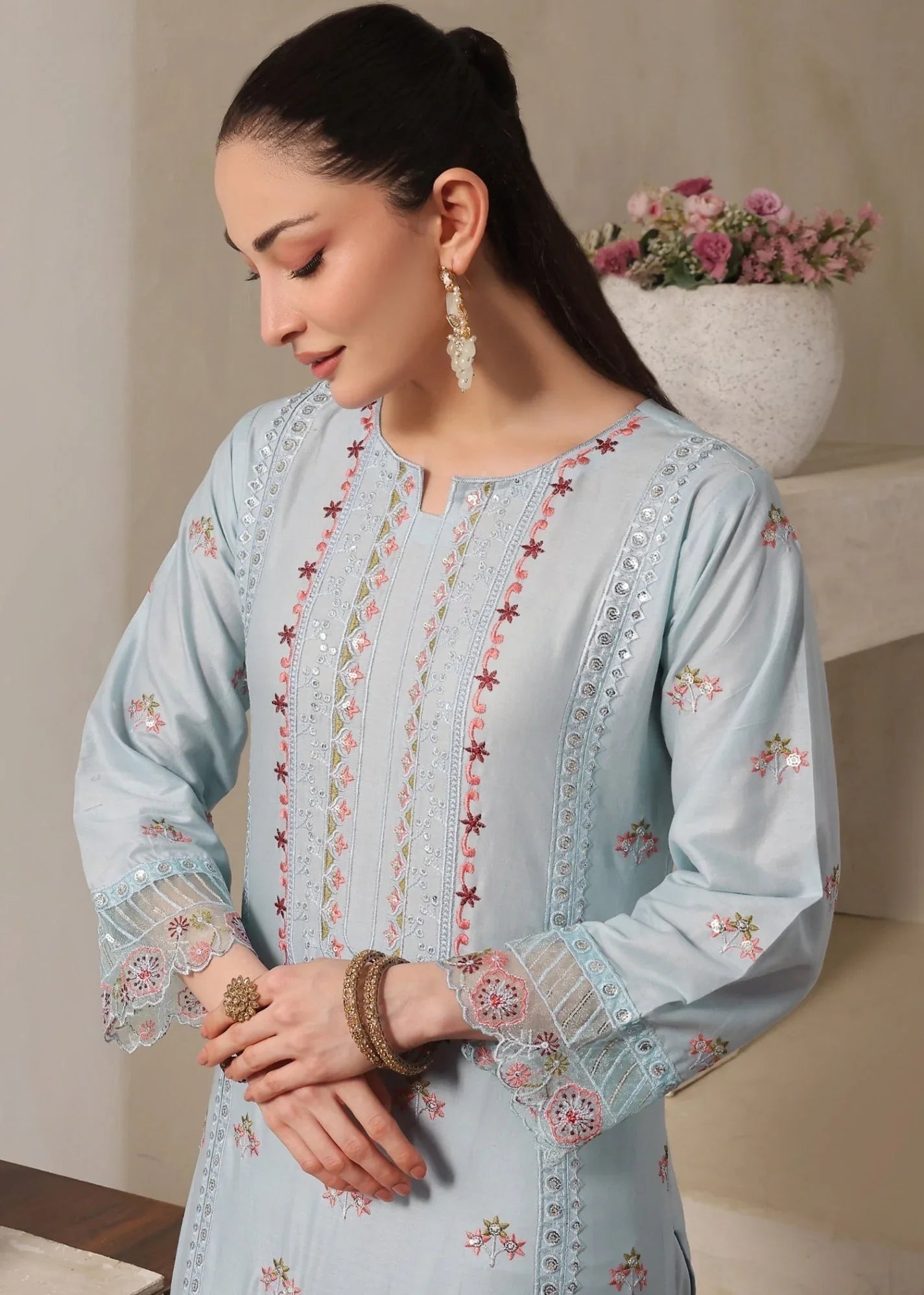 Embroidered Ice Blue Lawn Kurta with Trouser Online in KSA Riyadh Saudi Arabia Oman Bahrain Qatar