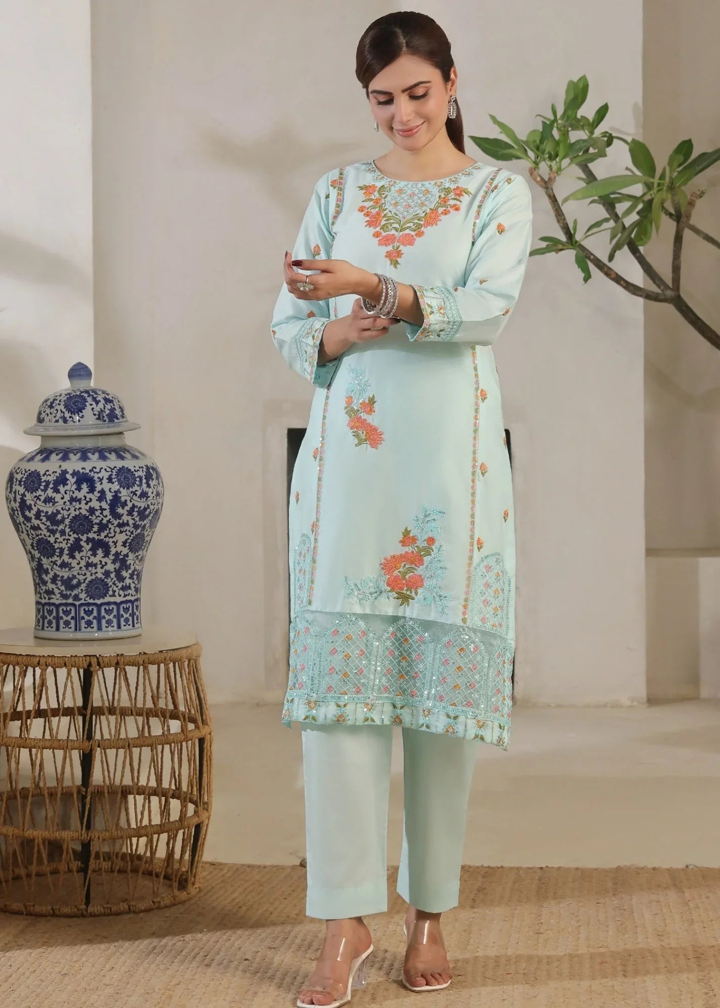 Embroidered Ice Blue Lawn Salwar Kameez Online in KSA Riyadh Saudi Arabia Oman Bahrain Qatar
