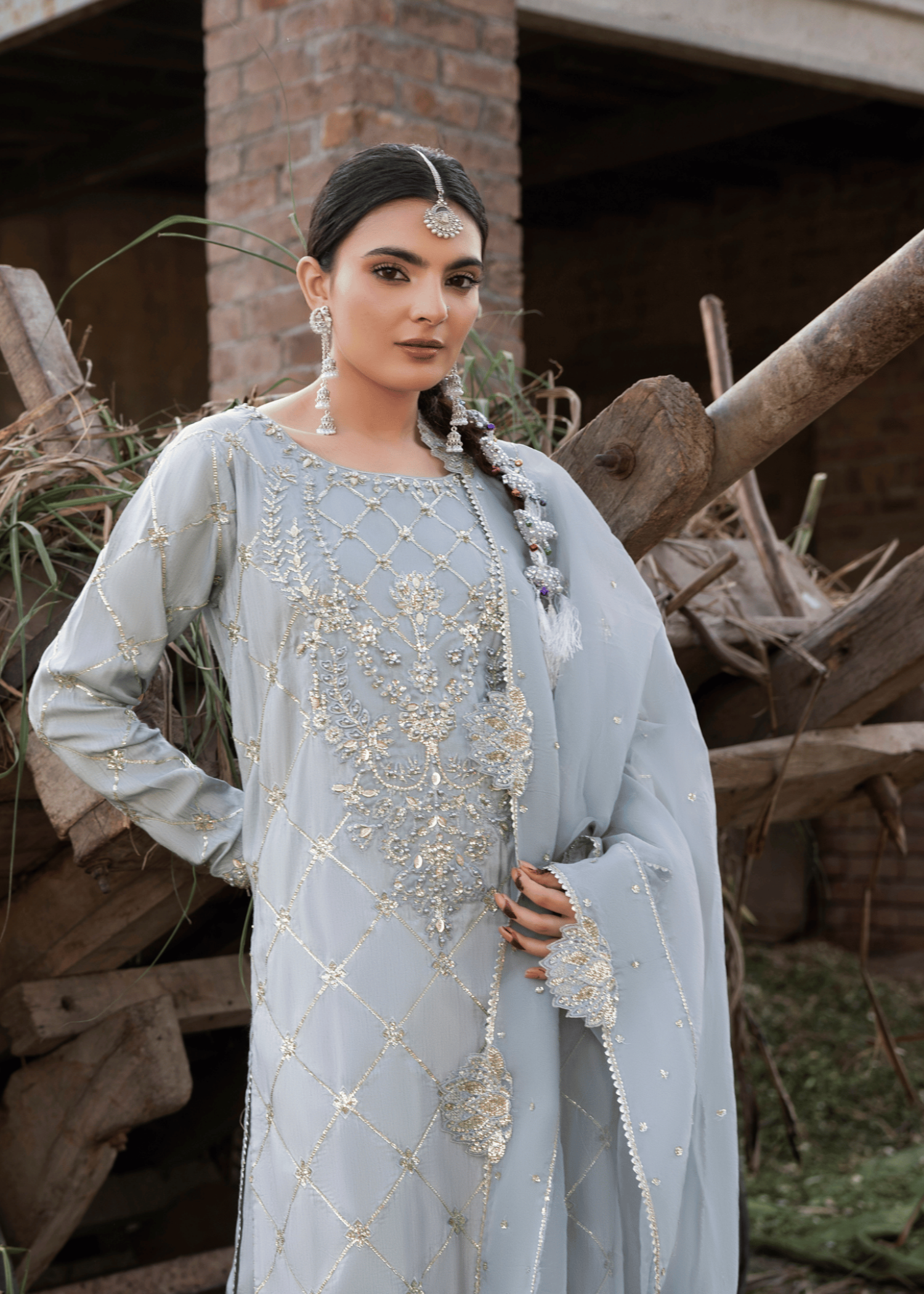 Embroidered Ice Blue Organza Dupatta Partywear Suit Online in Dubai UAE Abudhabi Ajman Sharjah