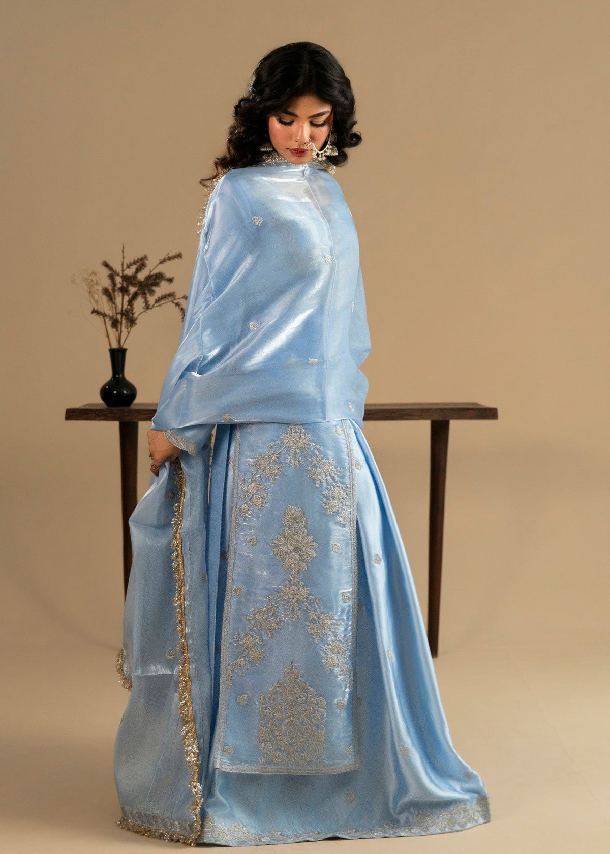 Embroidered Ice Blue Tissue Silk Sharara Online in Dubai DXB UAE Abudhabi Meena Bazaar