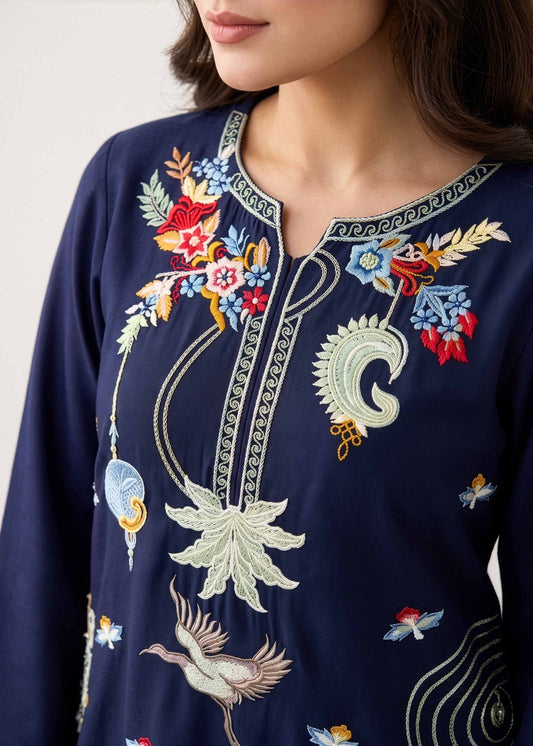 Embroidered Indigo Linen Kurta Set Online in UK USA Canada