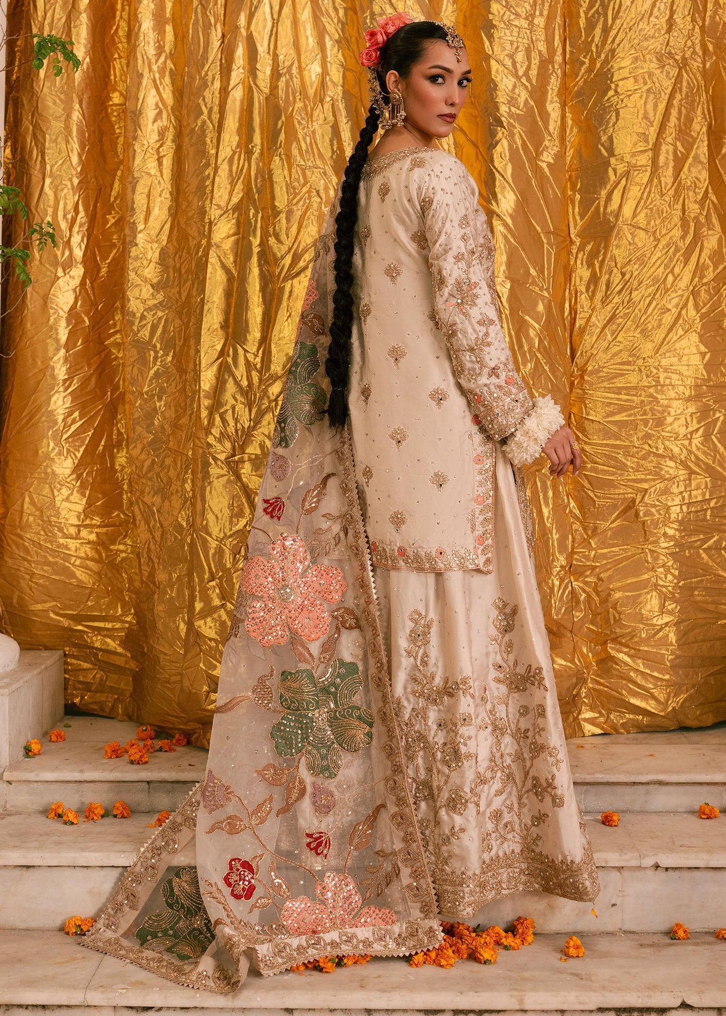Embroidered Ivory Charmuse Partywear Suit Online in Dubai UAE Abudhabi Ajman Sharjah