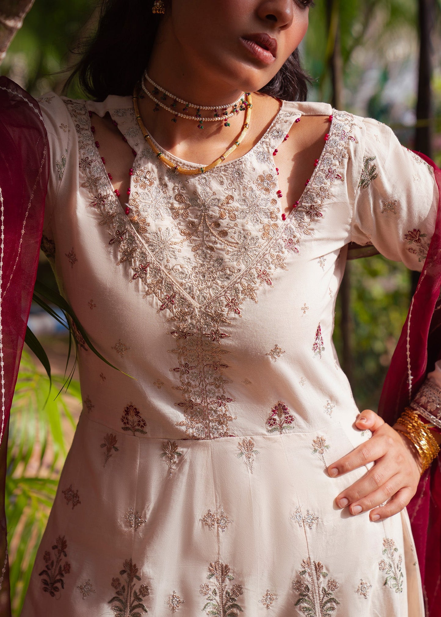 Embroidered Ivory Lawn Flared Maxi Salwar Kameez Online in Dubai UAE Abudhabi Ajman Sharjah