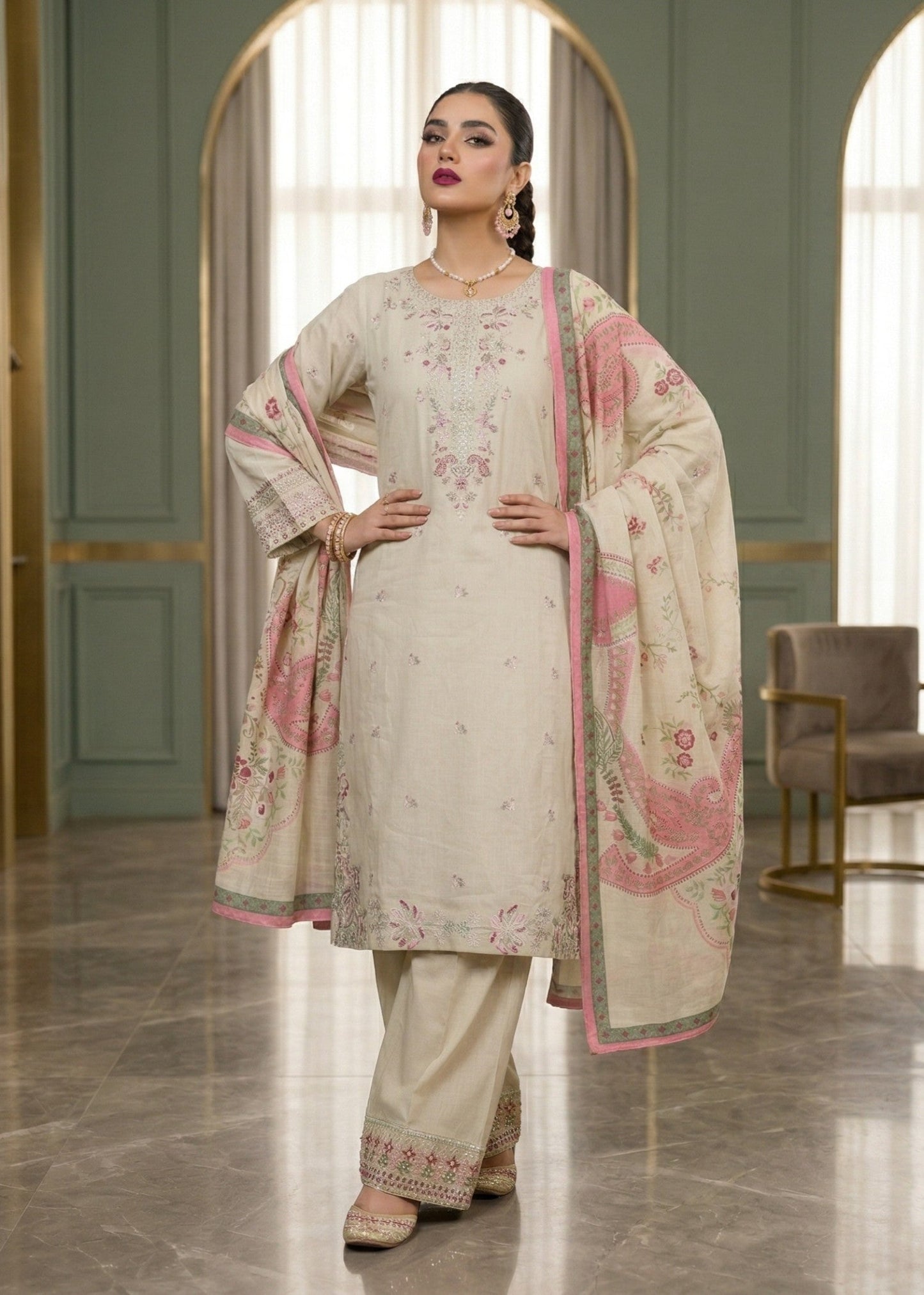 Embroidered Ivory Lawn Salwar Kameez Online in KSA Riyadh Saudi Arabia Oman Bahrain Qatar