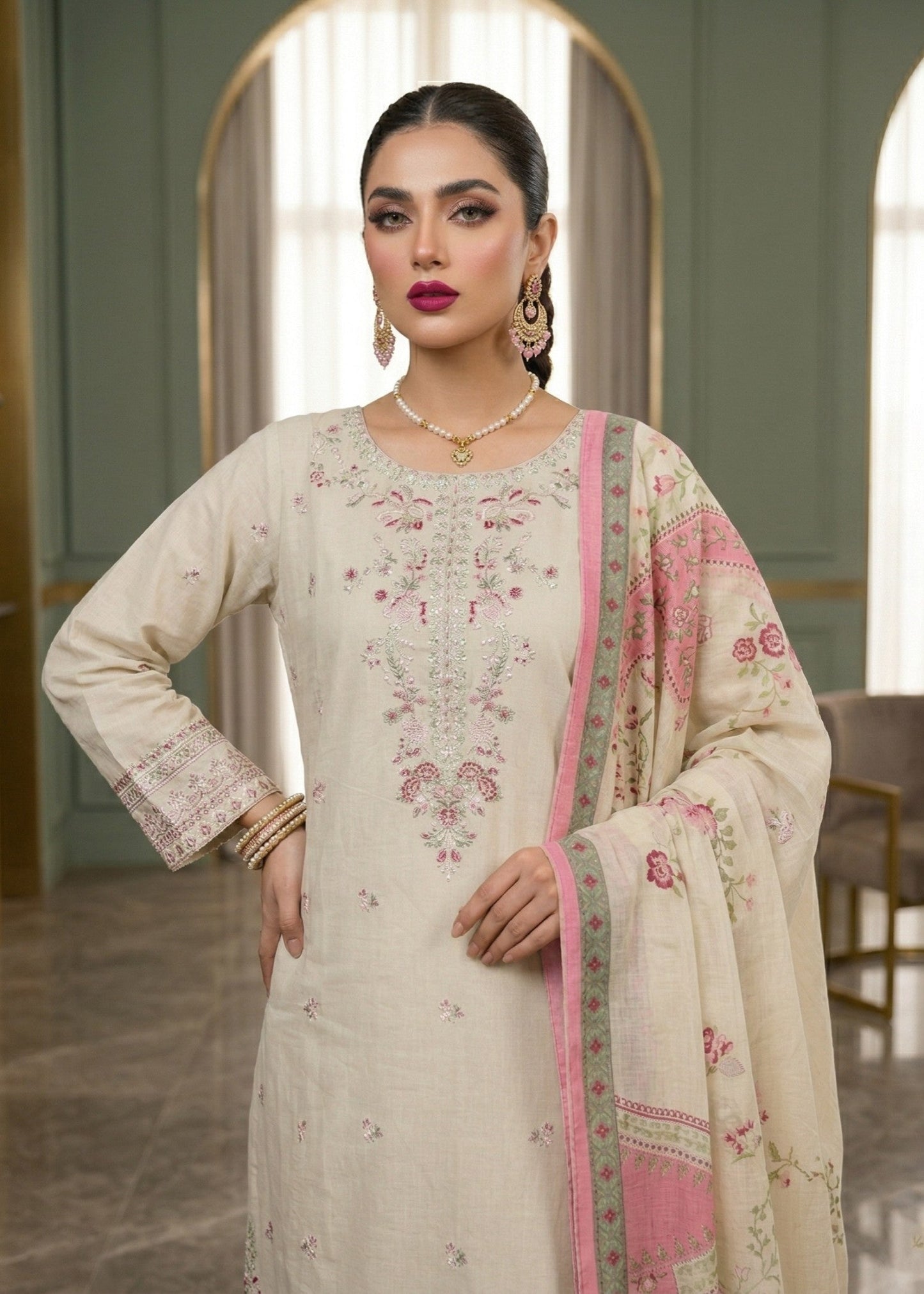 Embroidered Ivory Lawn Salwar Suit Online in Dubai UAE Abudhabi Ajman Sharjah