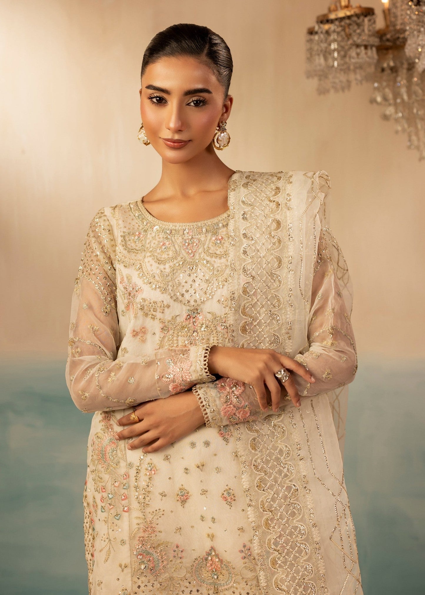 Embroidered Ivory Organza Farshi Shalwar Dress Online in Dubai UAE Abudhabi Ajman Sharjah