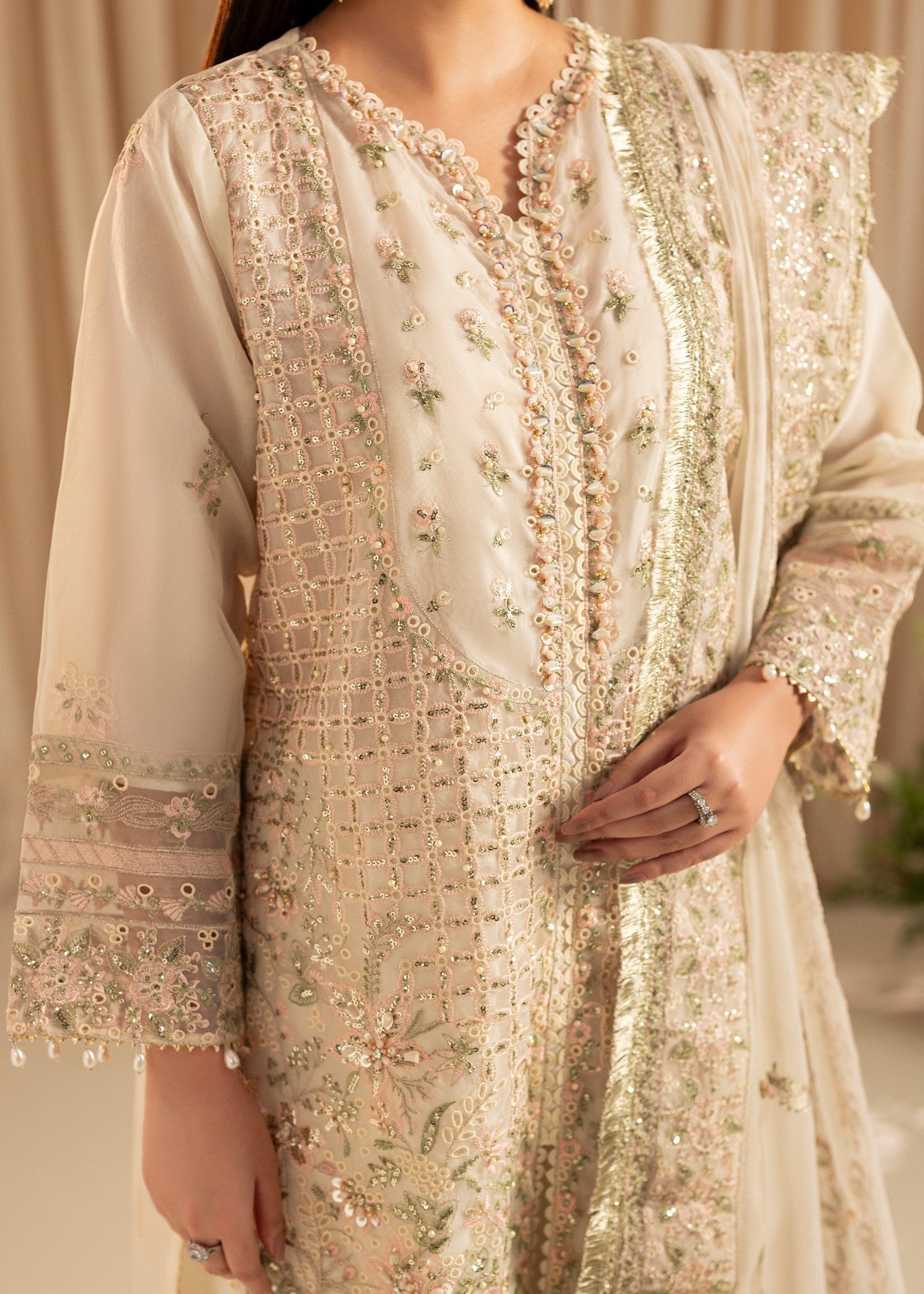 Embroidered Ivory Organza Three Piece Suit Online in Dubai UAE Abudhabi Ajman Sharjah