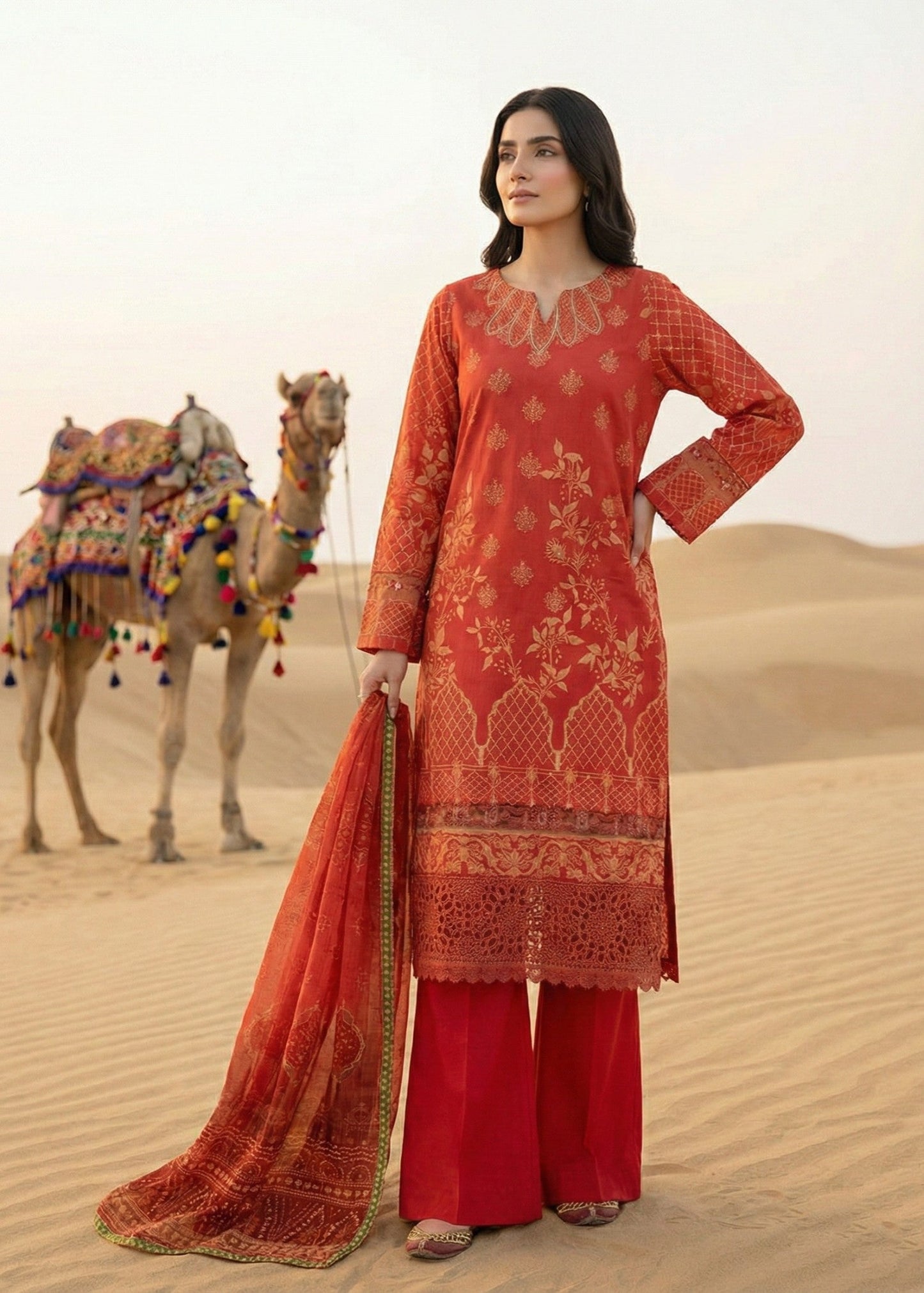 Embroidered Jacquard Kurta with Chiffon Dupatta Online in KSA Riyadh Saudi Arabia Oman Bahrain Qatar