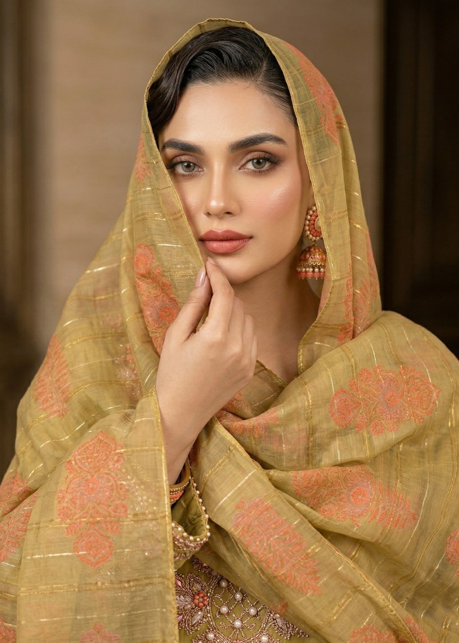 Embroidered Jacquard Mari Gold Ladies Suit Online in UK USA Canada