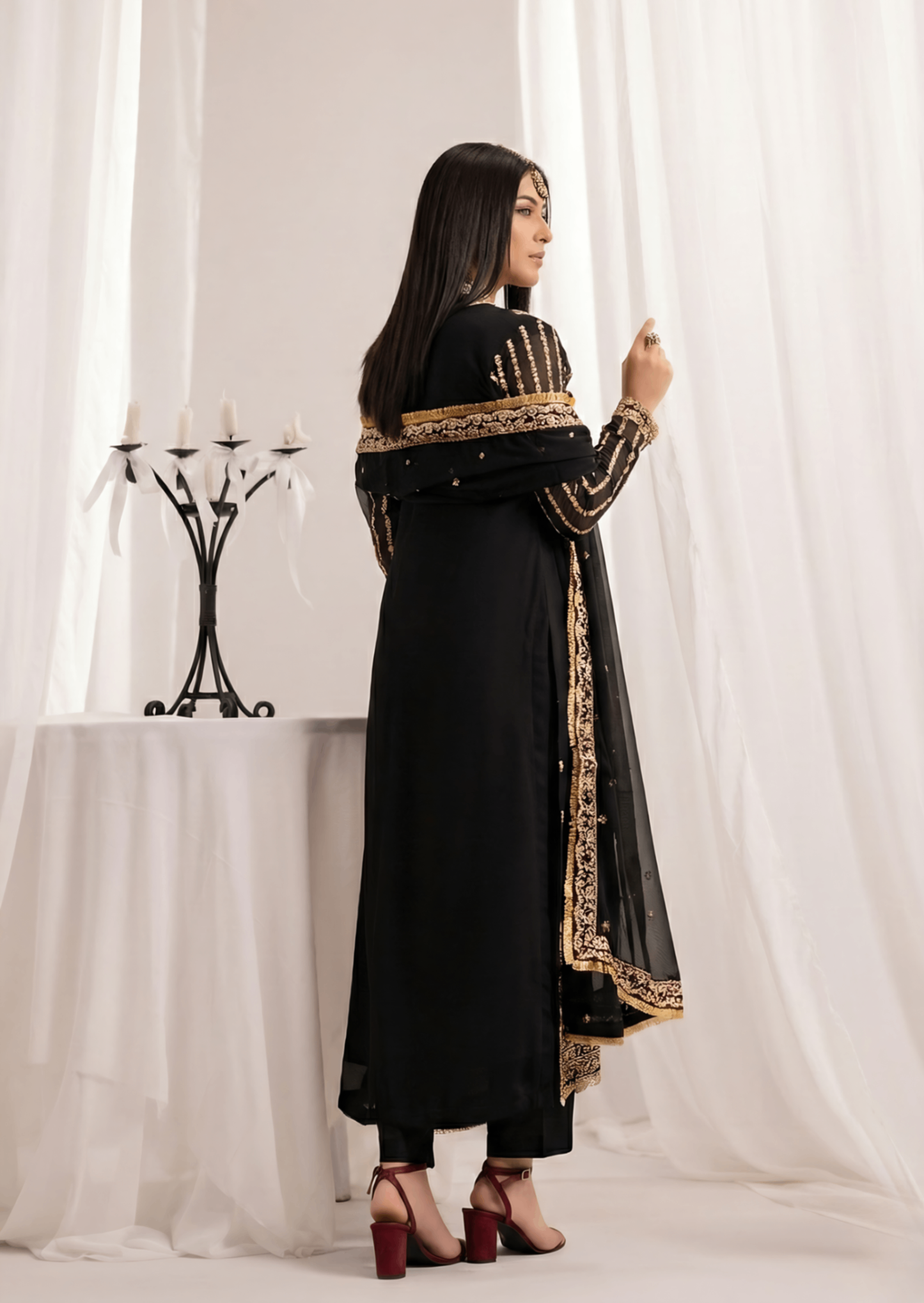 Embroidered Jet Black Bemberg Crinkle Chiffon Suit Online in Sri Lanka India Australia