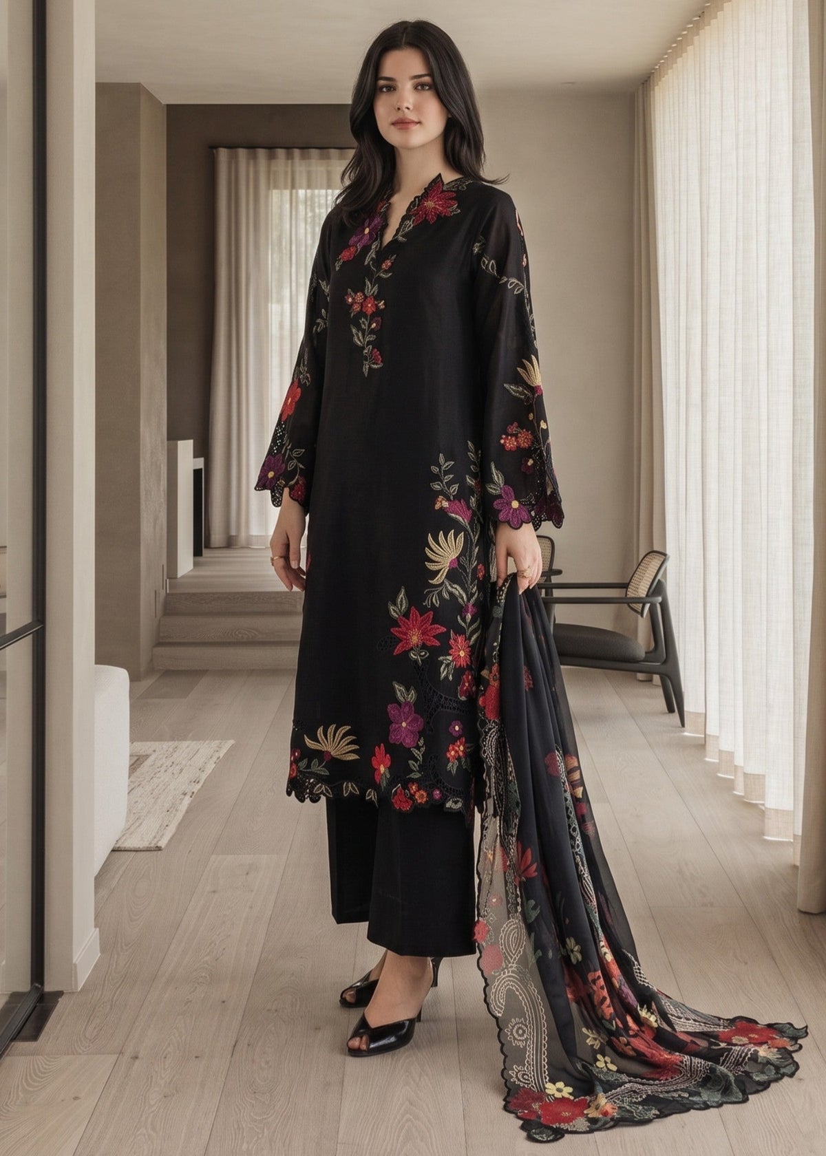 Embroidered Jet Black Lawn Cotton Shalwar Kameez Online in UK USA Canada