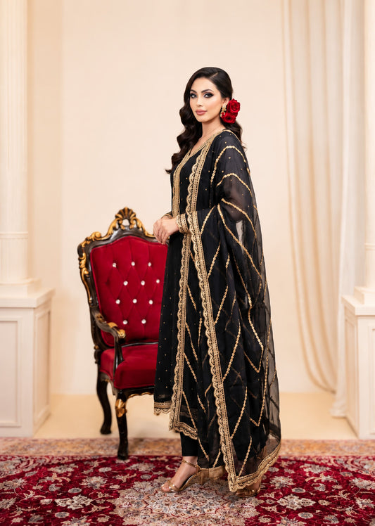 Embroidered Jet Black Partywear Kurta Set Online in Sri Lanka India Australia