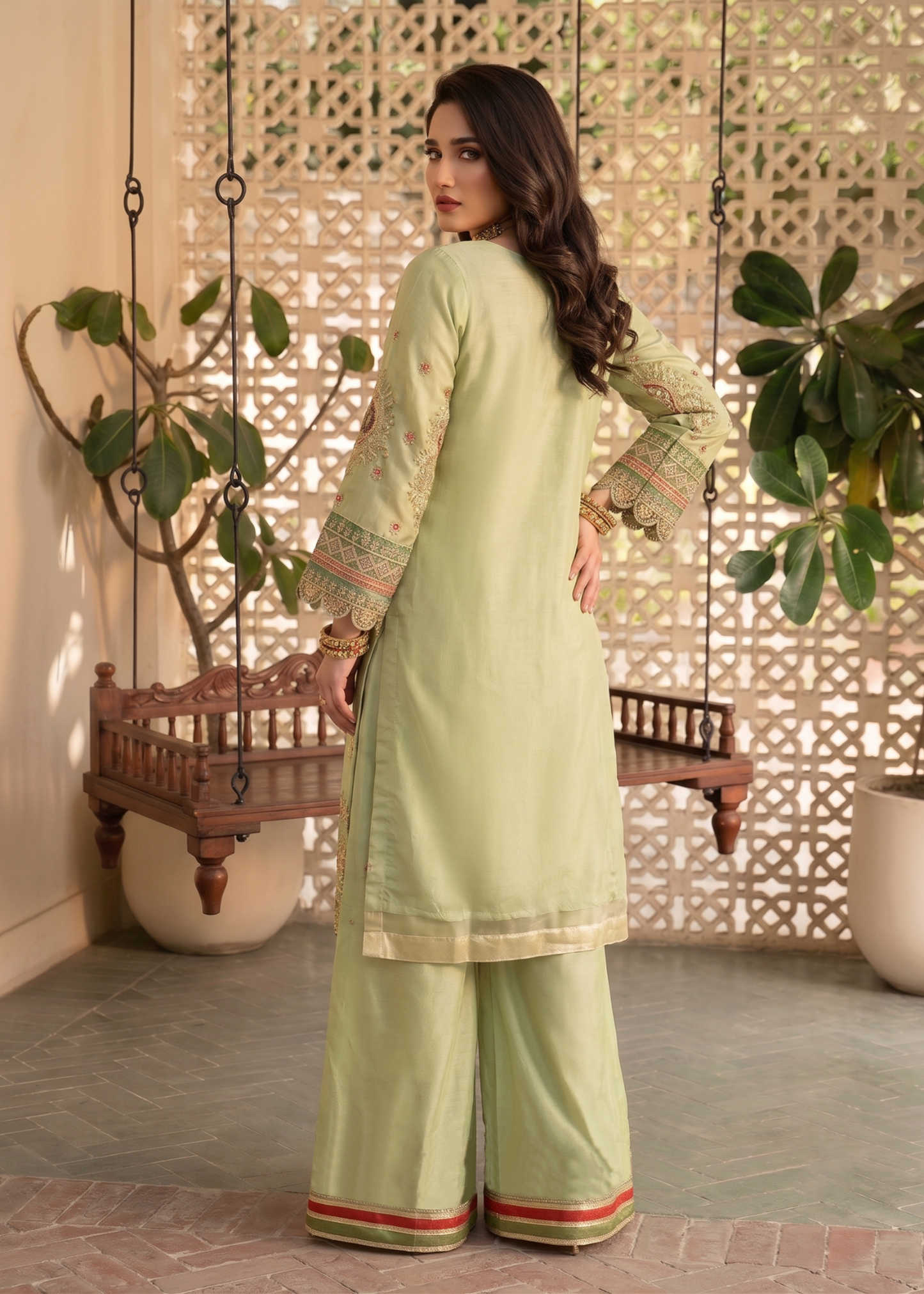 Embroidered Key Lime Gharara Organza Suit Online in KSA Riyadh Saudi Arabia Oman Bahrain Qatar
