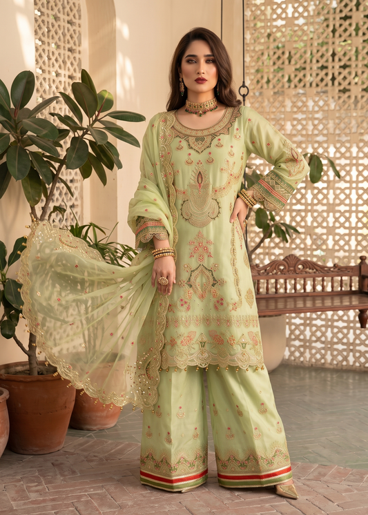 Embroidered Key Lime Organza Pakistani Suit Online in KSA Riyadh Saudi Arabia Oman Bahrain Qatar