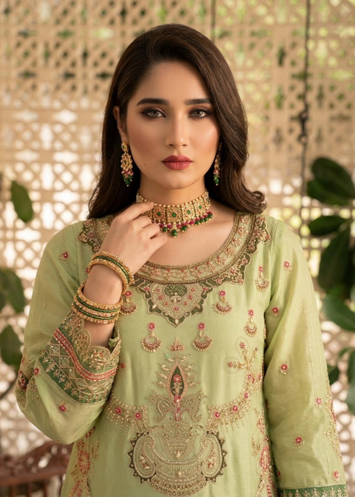 Embroidered Key Lime Organza Partywear Gharara Online in Dubai UAE Abudhabi Ajman Sharjah