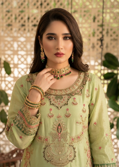 Embroidered Key Lime Organza Partywear Gharara Online in Dubai UAE Abudhabi Ajman Sharjah