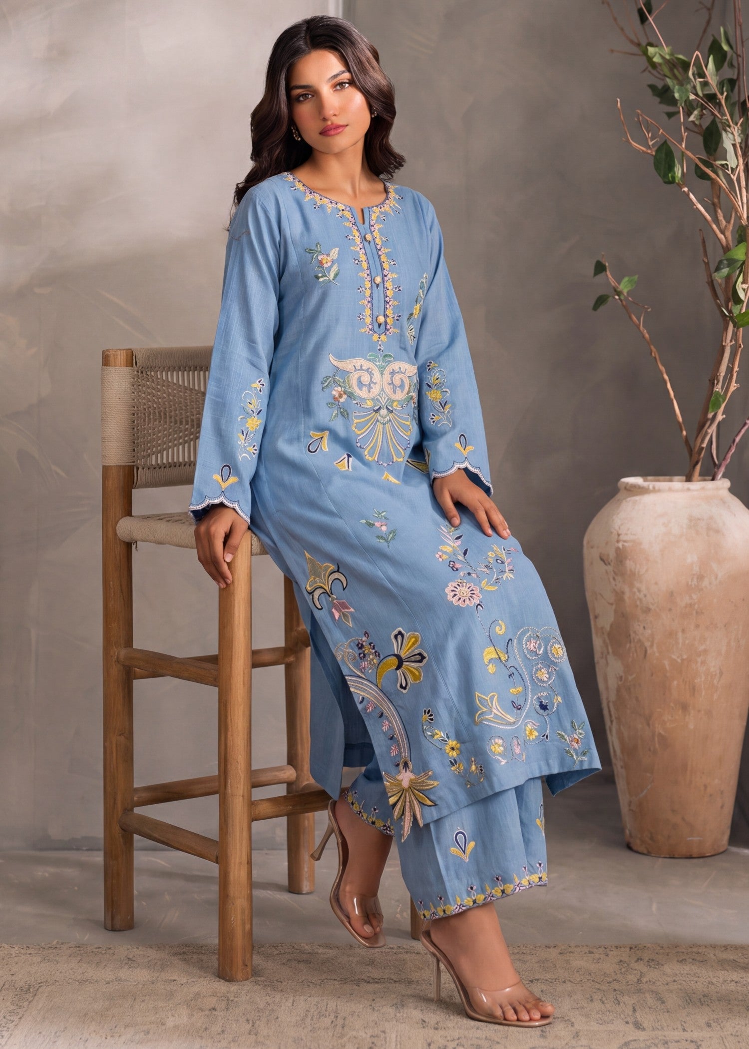 Embroidered Khaddar Kurta Set with Plazzo Online in Dubai DXB UAE Abudhabi Meena Bazaar