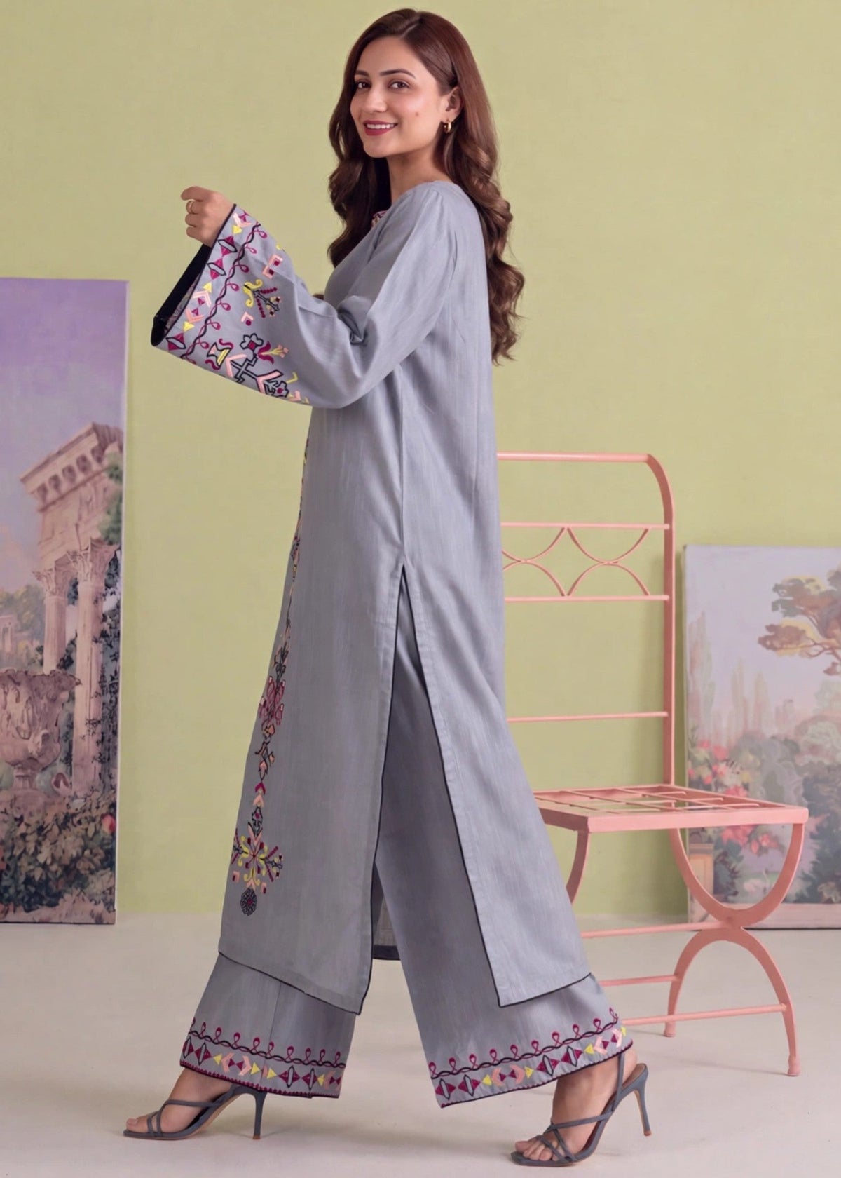 Embroidered Khaddar Long Kurta Set for Ladies Online in UK USA Canada