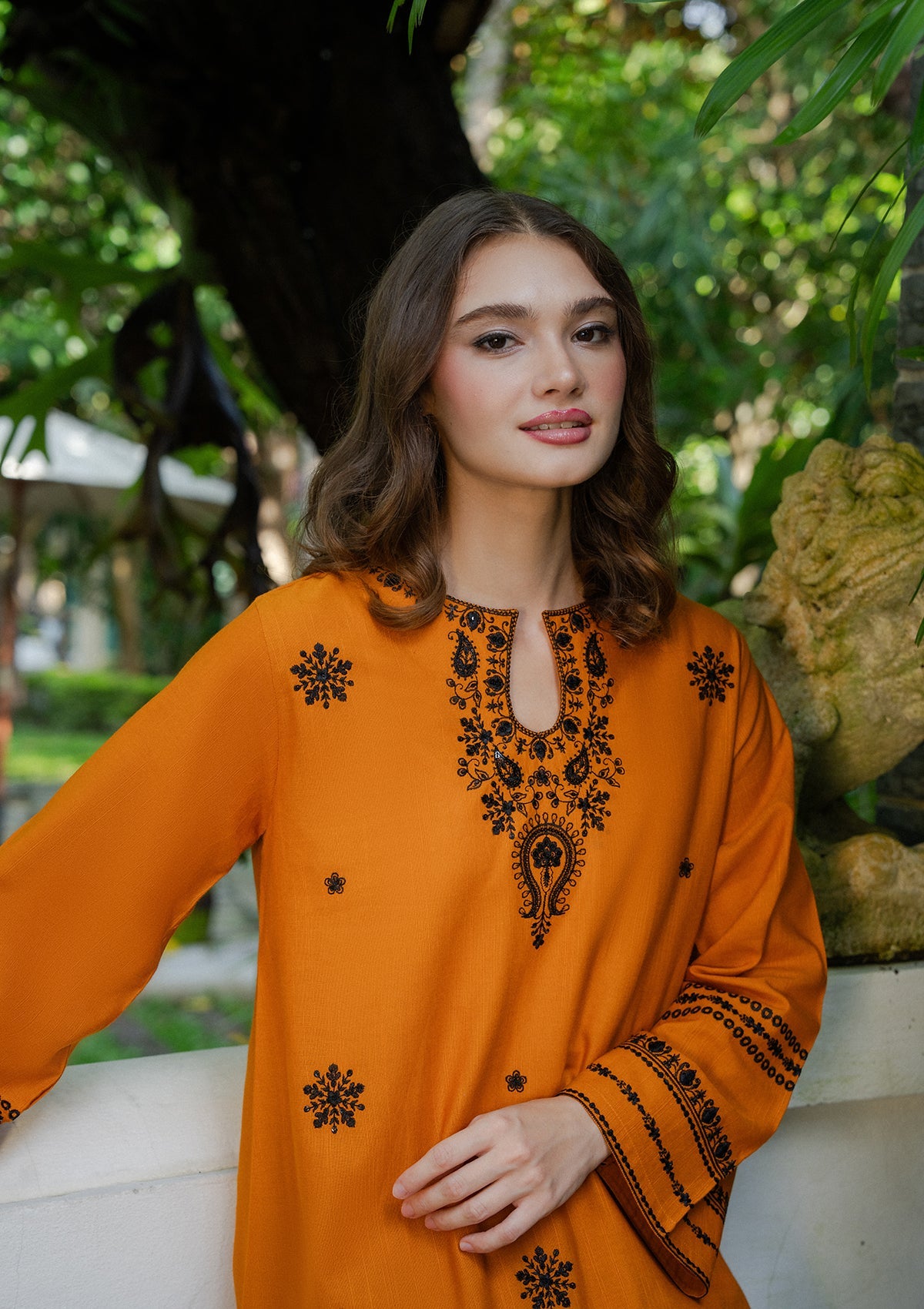 Embroidered Khaddar Winter Kurta Set Chili Orange Online in Dubai UAE Abudhabi Ajman Sharjah