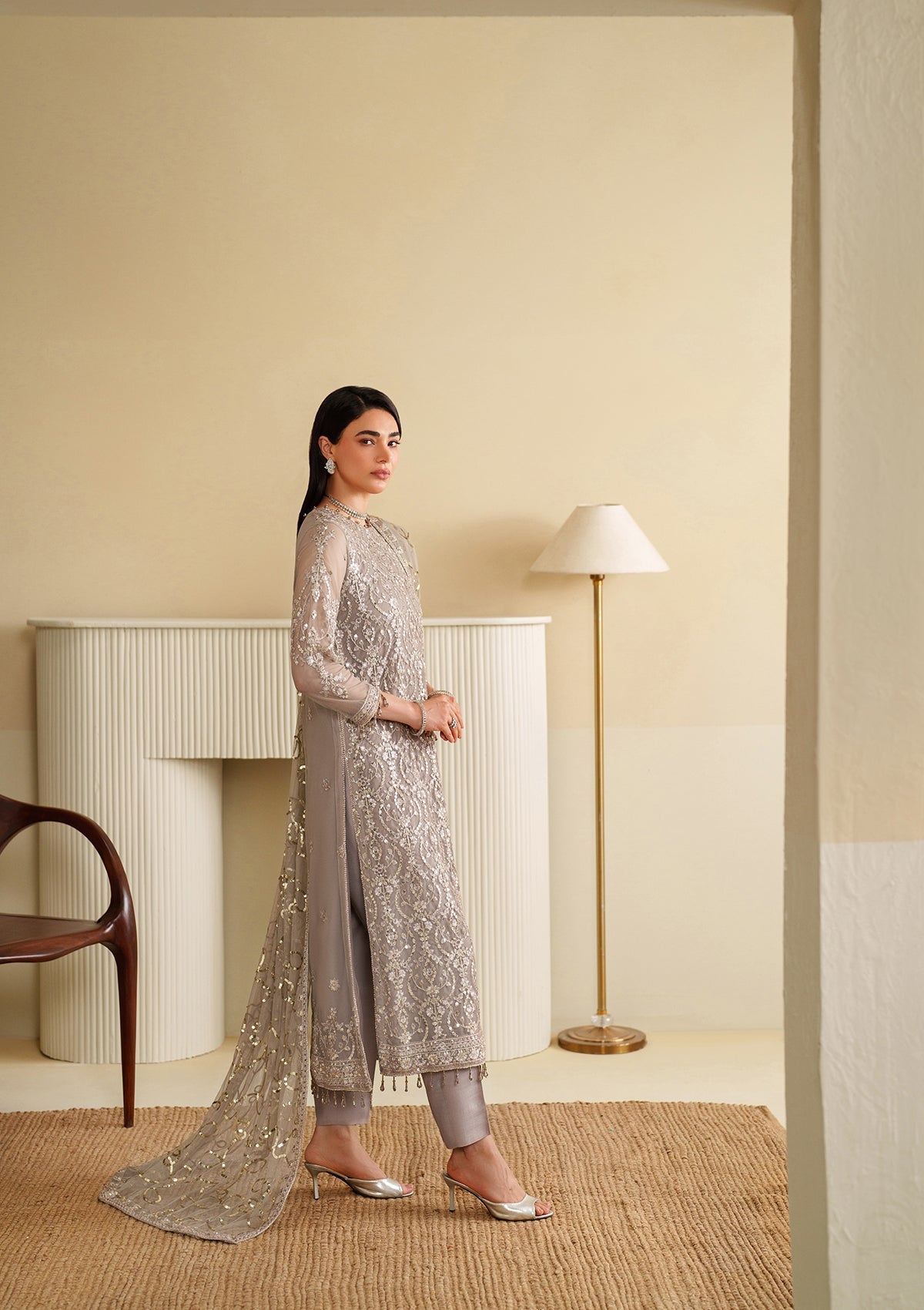 Embroidered Khaddi Net Silver Partywear Suit Online in Dubai UAE Abudhabi Ajman Sharjah