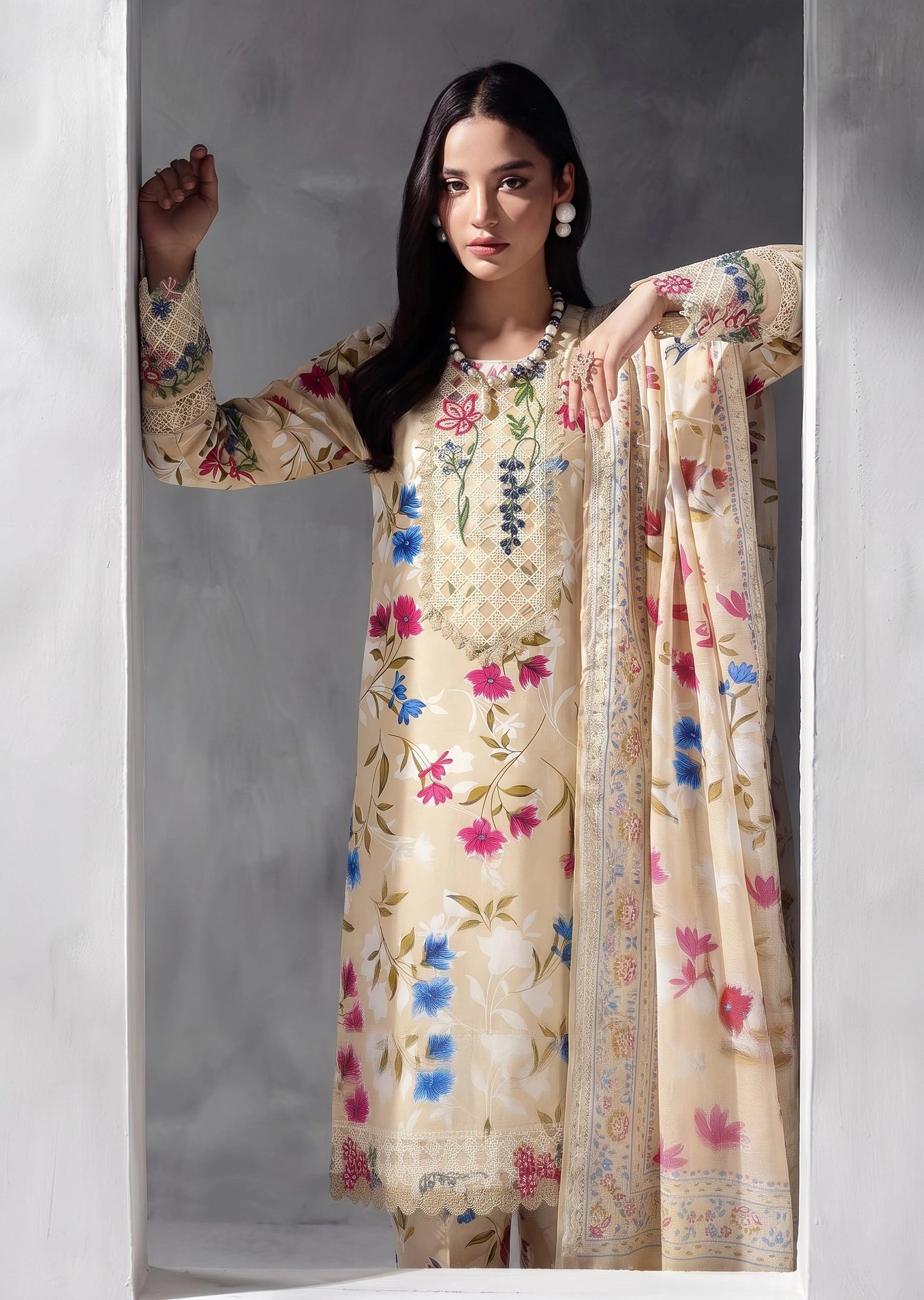 Embroidered Kurta with Trouser and Dupatta Online in KSA Riyadh Saudi Arabia Oman Bahrain Qatar