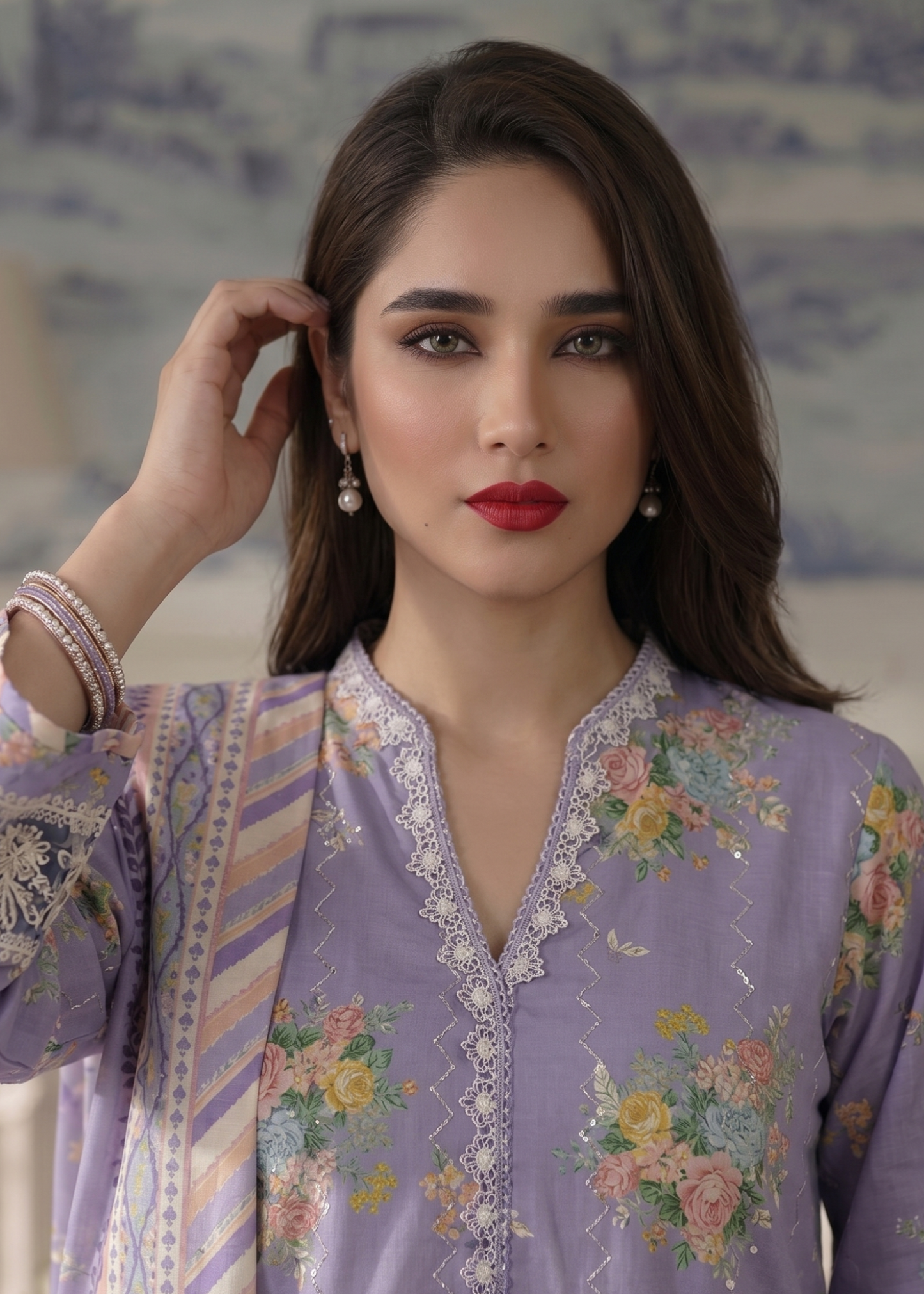 Embroidered Lavender Grey Lawn Suit with Silk Dupatta Online in KSA Riyadh Saudi Arabia Oman Bahrain Qatar
