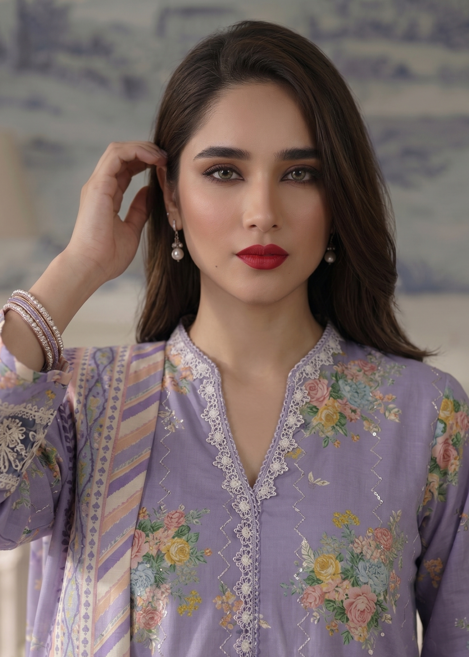 Embroidered Lavender Grey Lawn Suit with Silk Dupatta Online in KSA Riyadh Saudi Arabia Oman Bahrain Qatar